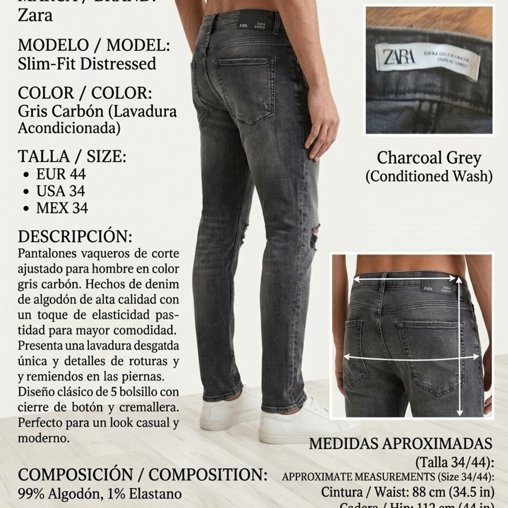 Zara Slim-Fit Distressed Men’s Jeans - Charcoal Grey